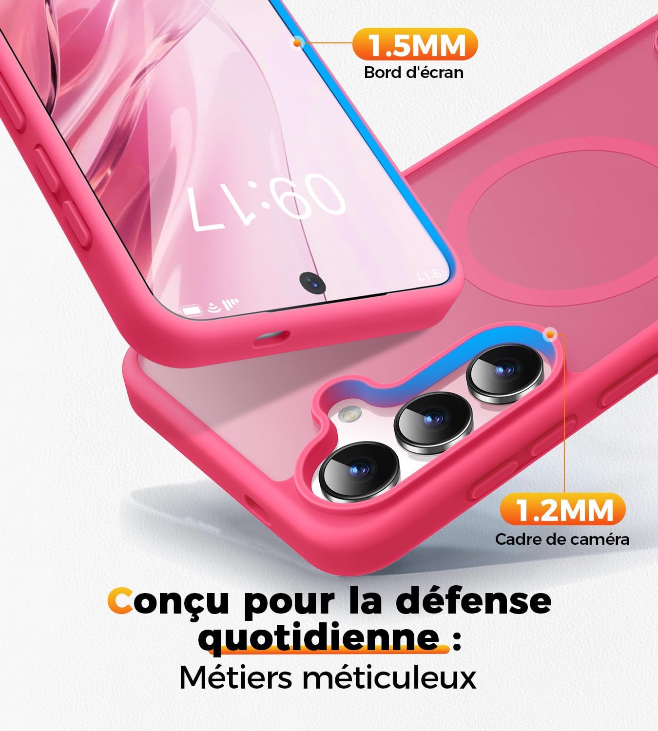 Detalle de New-One Coque Galaxy S24/S25 avec Support 360° Magnétique et Protection Militaire – Bumper Silicone Fuchsia