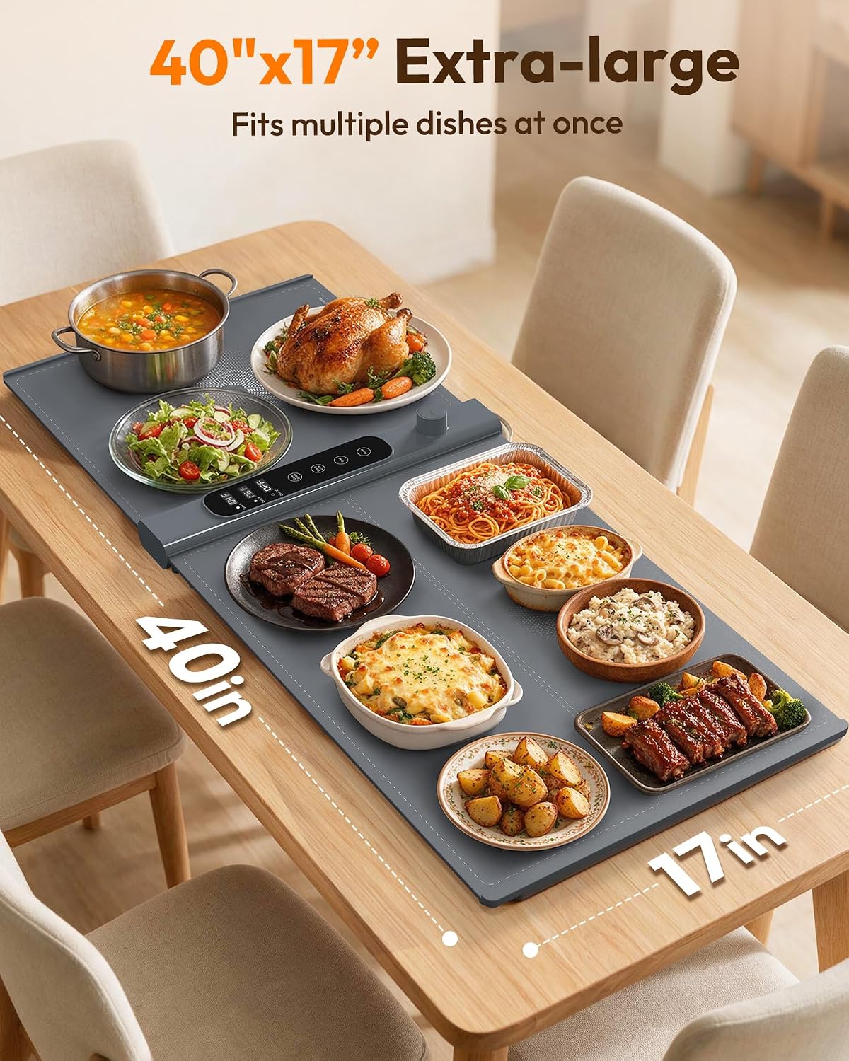 Detalle 2 de Yeeke Extra-Large Food Warming Mat, 3-Zone Control, 17 Settings, 6-Hour Timer