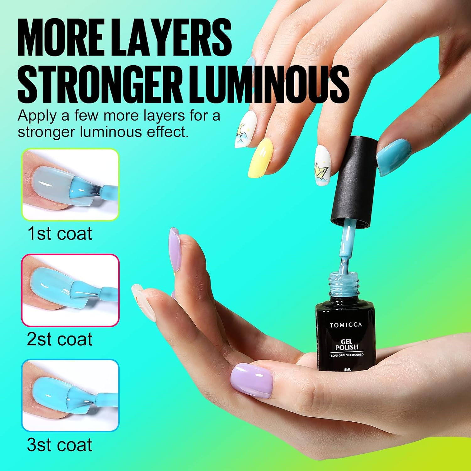 Detalle 2 de TOMICCA Night Glow Nagellack Set 6 Farben
