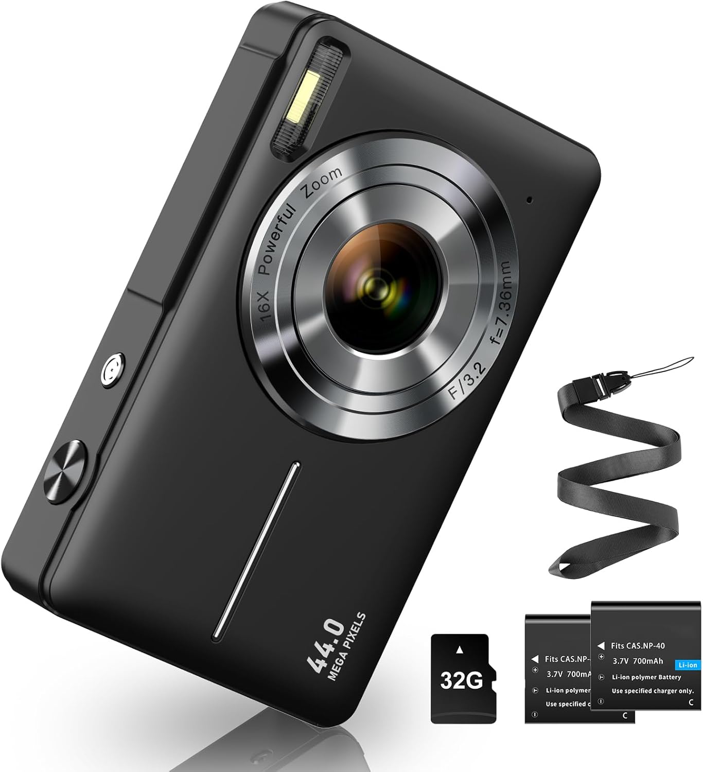 Detalle de Digitalkamera 1080P 44MP (FHD) mit 32G-Karte, 16× Digitalzoom und LED-Licht – kompakte Einsteigerkamera für Kinder, Teenager & Senioren (Schwarz)