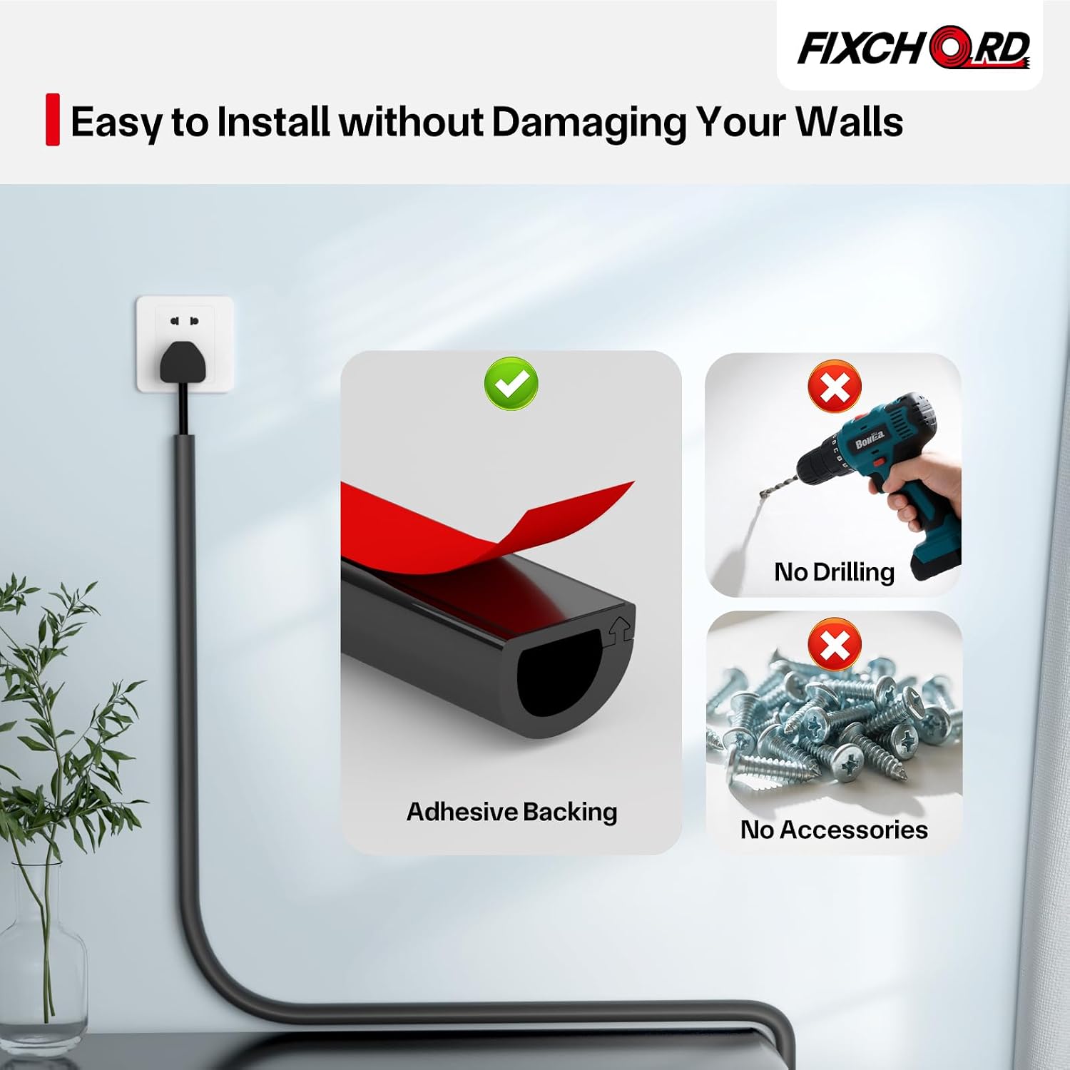 Detalle 2 de FIXCHORD Mini Cable Trunking: 15mm x 2m Self-Adhesive, Paintable, Fire Retardant — Black