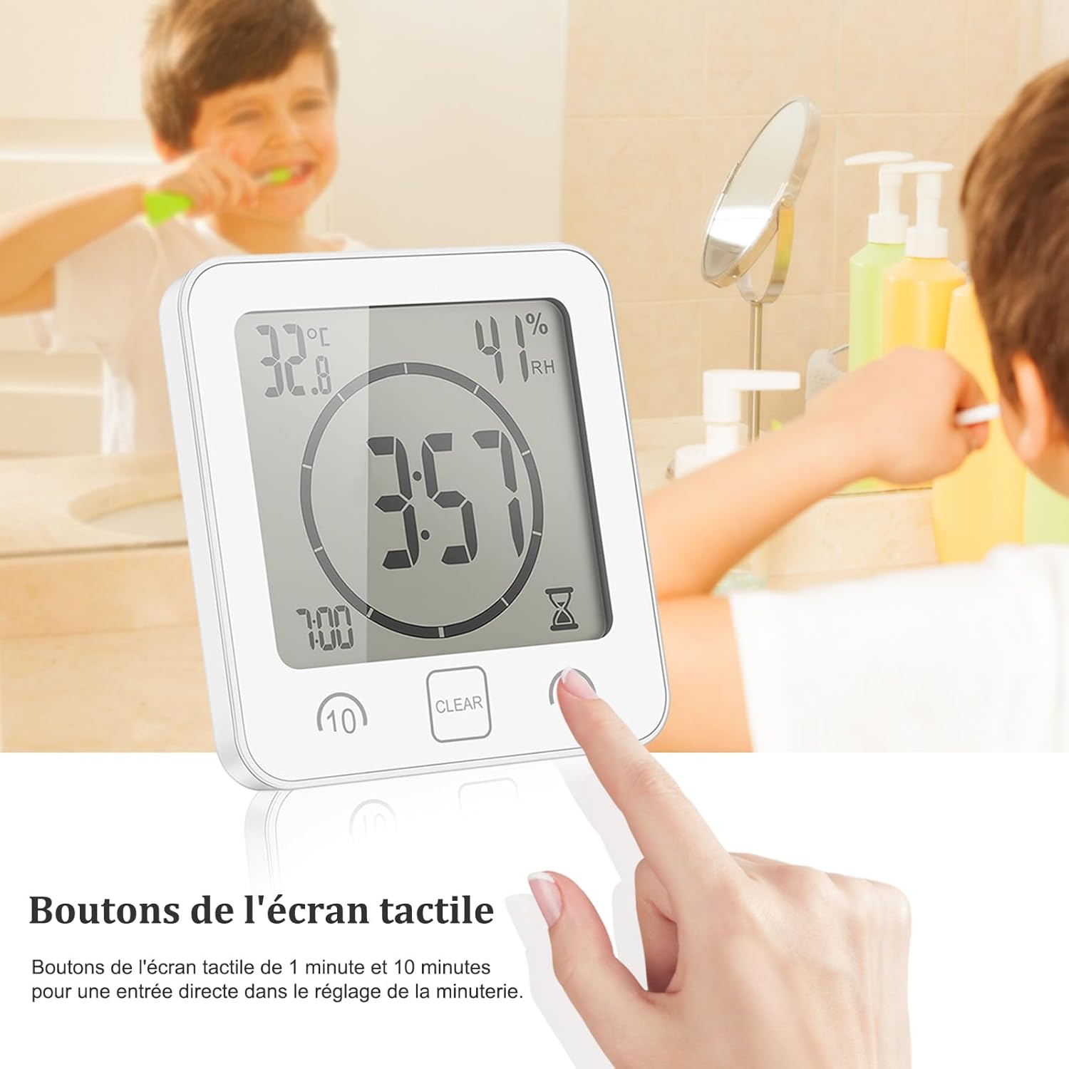 Thumbnail 4 de VORRINC horloge de salle de bain numérique à ventouse avec LCD, température et humidité