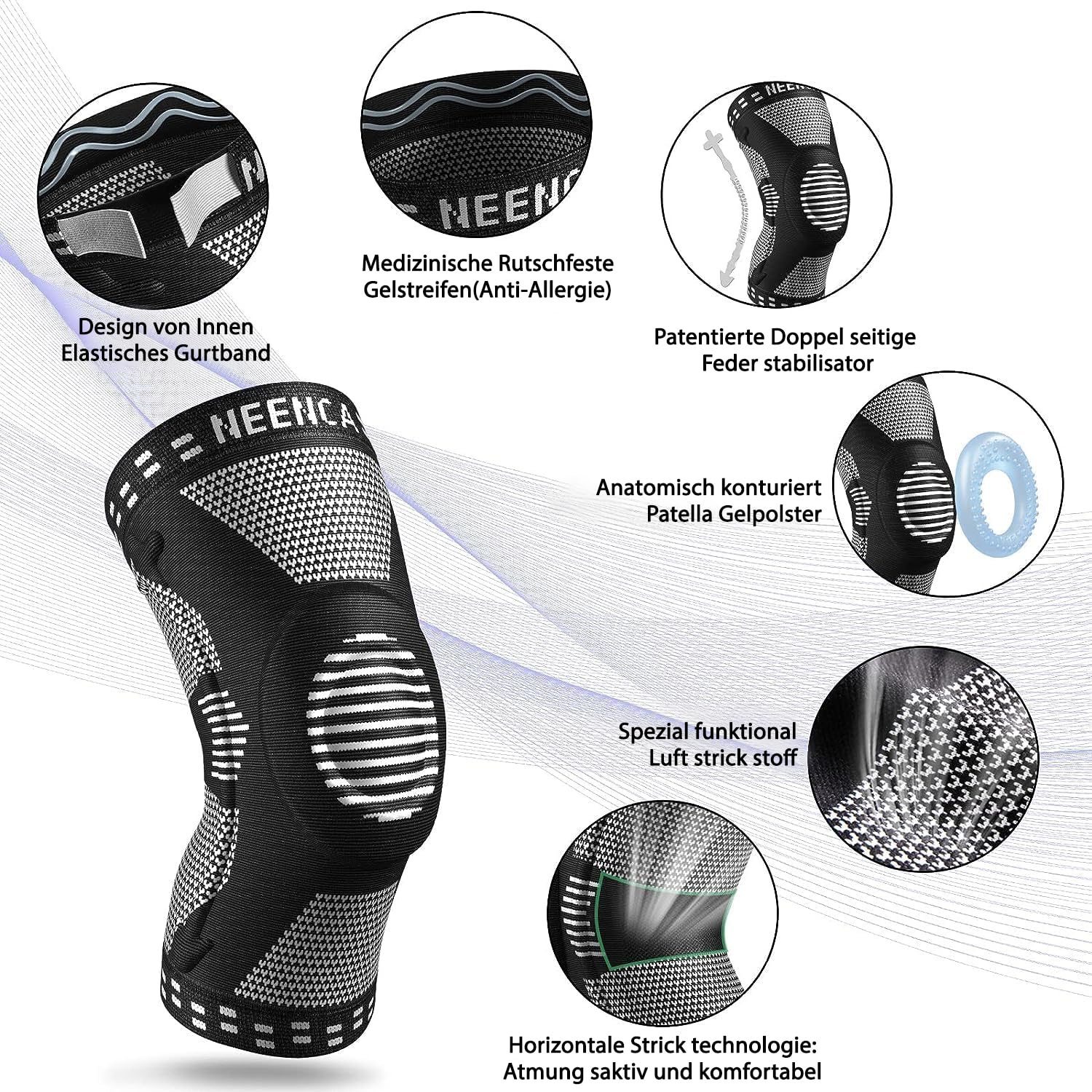 Detalle de NEENCA Kniestütze – Komprimierte Kniebandage mit Patella-Gel-Pads und Feder-Seitenstabilisatoren