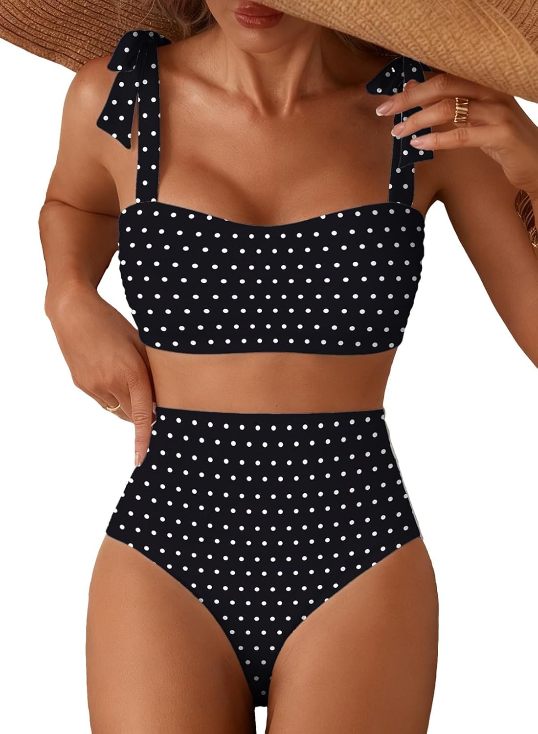 Detalle de Herseas Women's Tie Shoulder 2-Piece Striped High-Waisted Bikini Set
