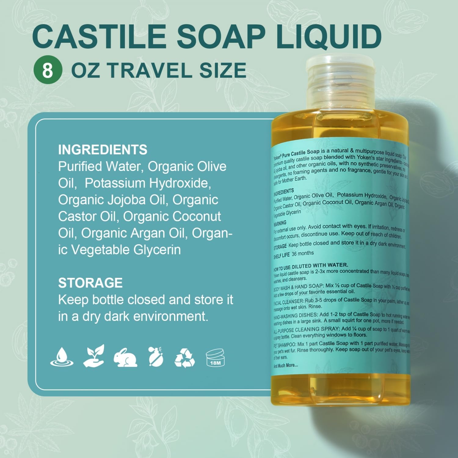 Detalle de Yoken Pure Castile Liquid Soap, 8 oz Unscented with Organic Oils