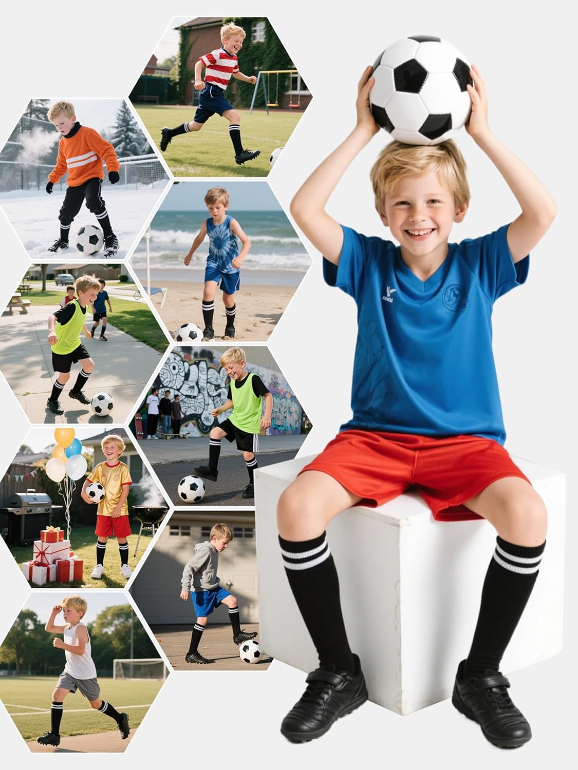 Thumbnail 5 de Hryrbay 4 Pairs Kids Cotton Soccer Socks (Cushioned, Striped) for Boys & Girls, Knee-High Style