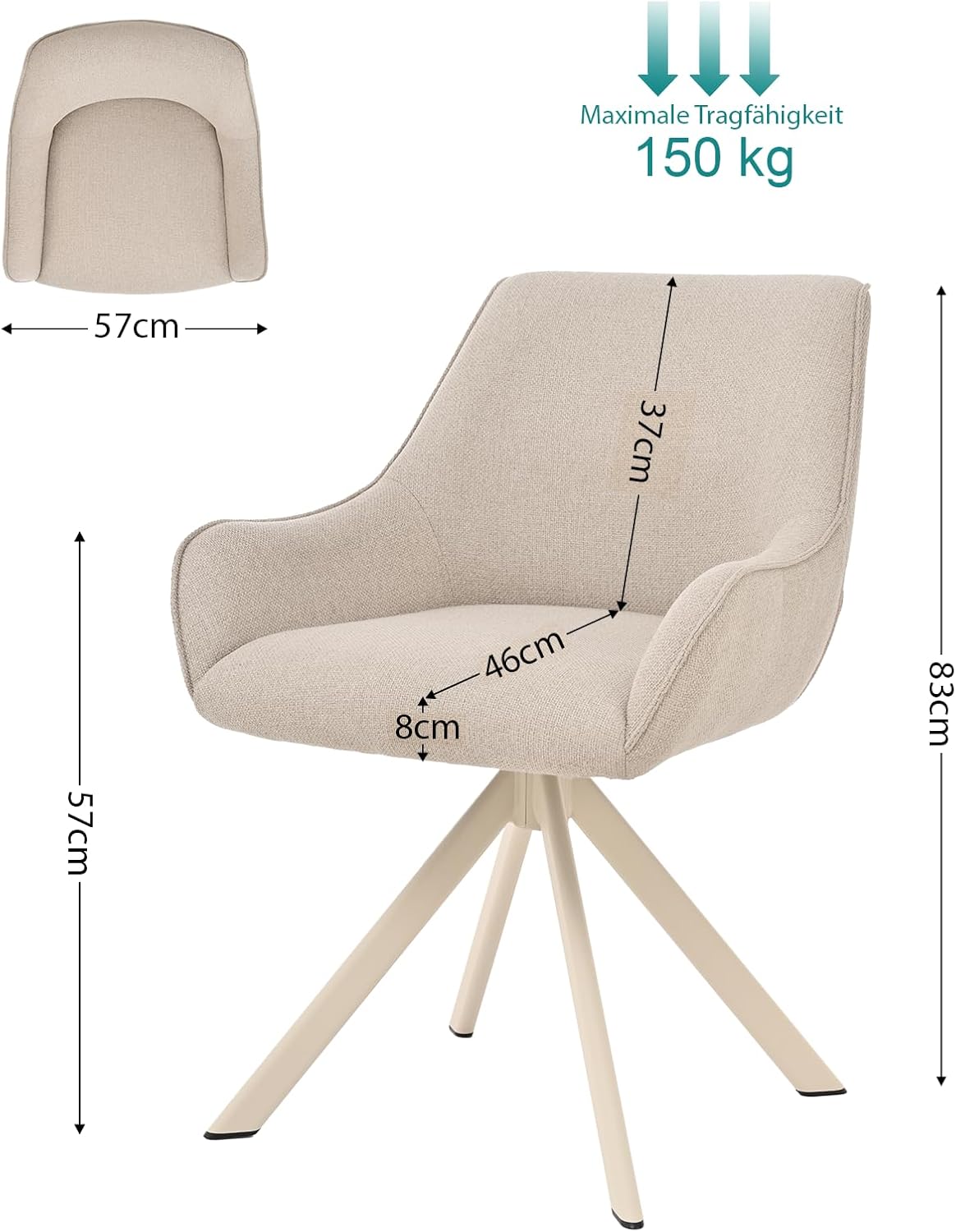 Thumbnail 2 de Goeurvant Esszimmerstühle Drehbar 6er-Set mit Armlehne – 360°-Drehstuhl aus Beige Leinen