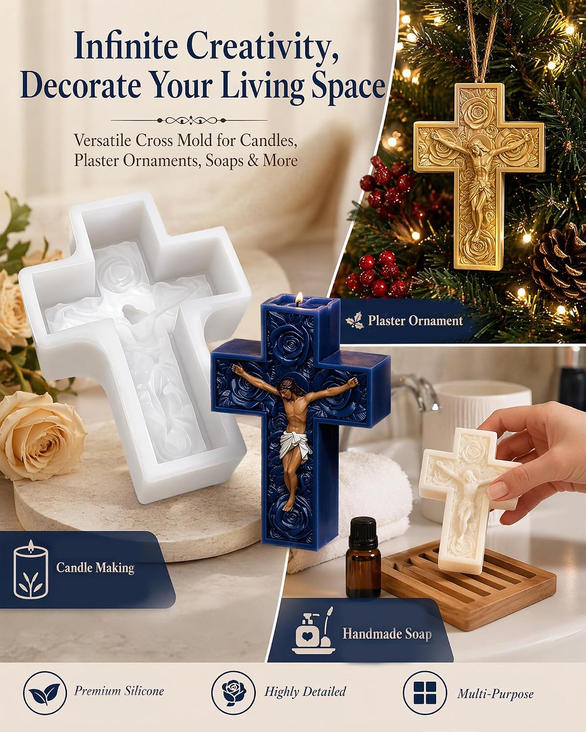 Detalle de Cross Candle Silicone Mold with Rose Detail