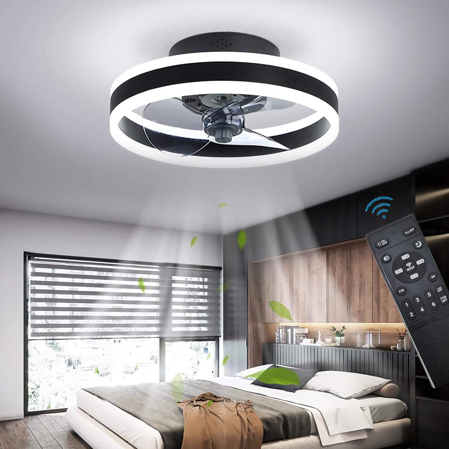 Detalle de LED Ceiling Fans with Lights Reversible Remote, 6 Speeds – Black 40CM