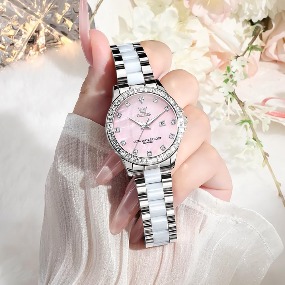 Thumbnail 2 de OLEVS Damen-Diamantuhr: Roségold, Keramikglas, Diamant-Lünette – elegante Quartz-Damenuhr