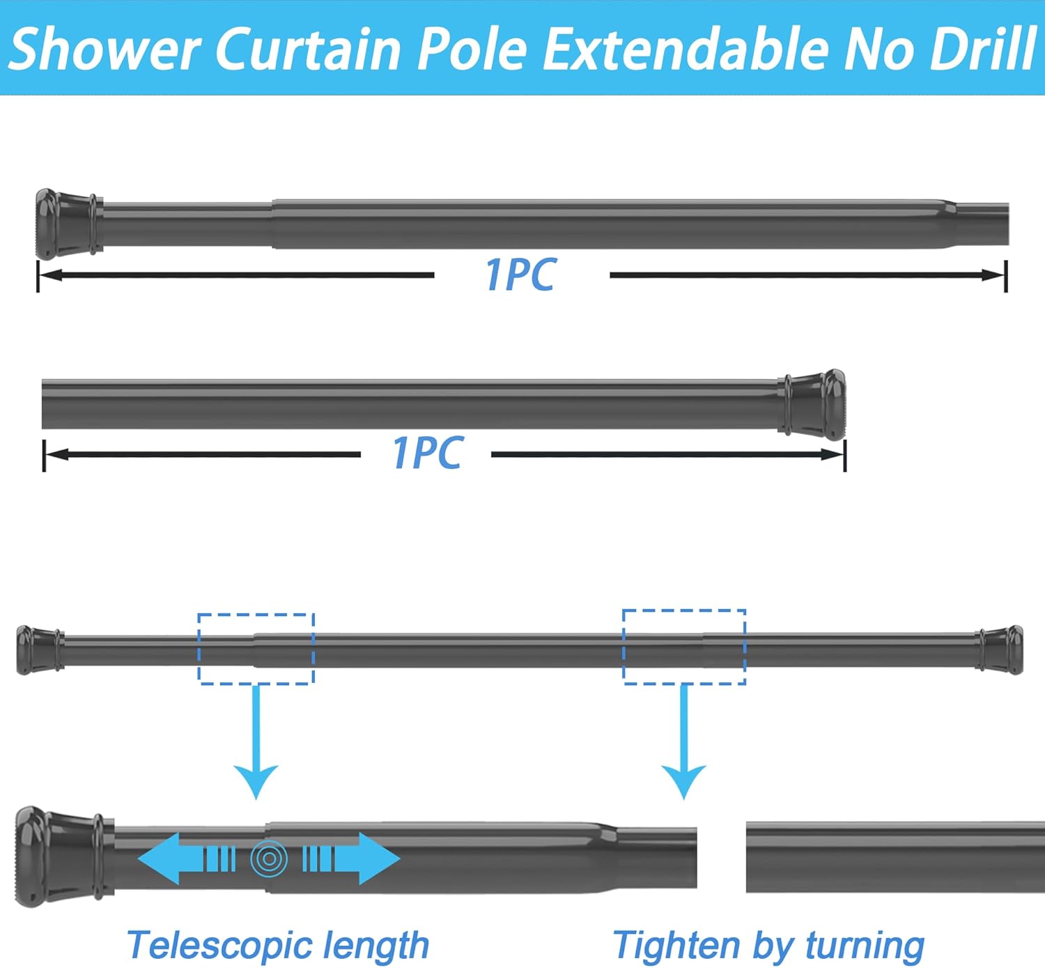 Thumbnail 2 de No-Drill Extendable Shower Curtain Pole (135–200cm) — 25mm diameter, white
