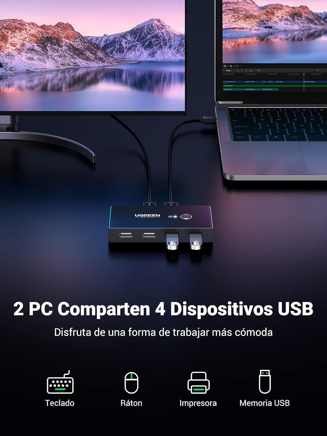 Detalle 2 de UGREEN Switch USB 2.0, Conmutador para 4 Dispositivos ⚙