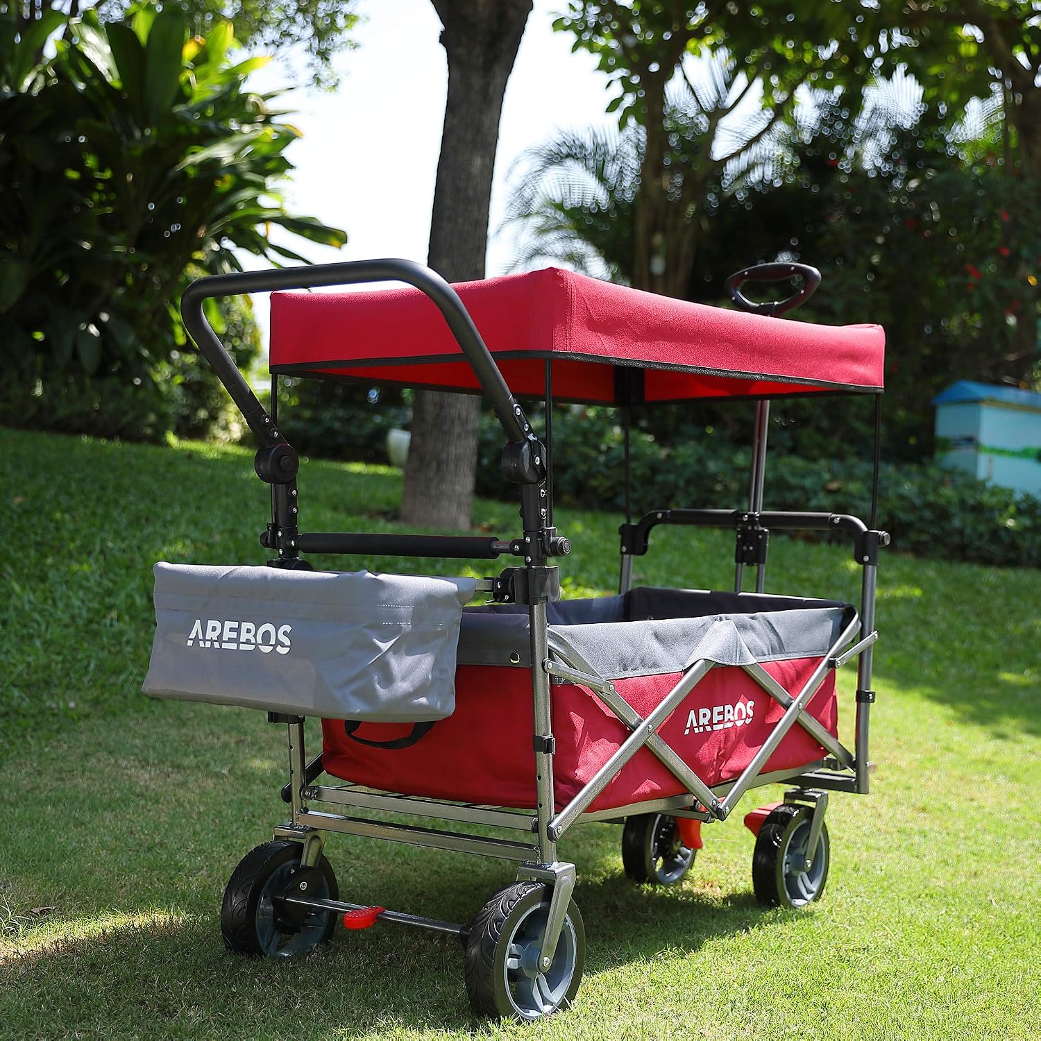 Detalle 2 de Arebos Bollerwagen Premium faltbar mit Dach – Handwagen, klappbar bis 100 kg Tragkraft, 360° Rolllädenräder, mit Tragetasche, Rot