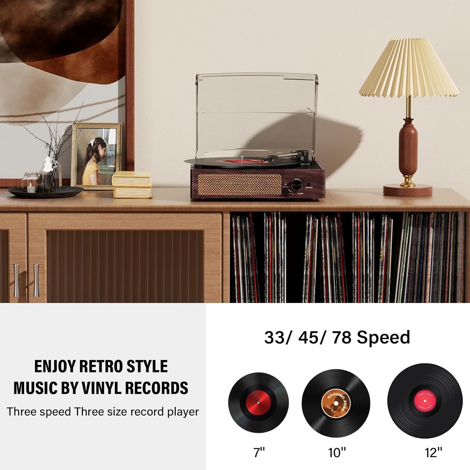 Thumbnail 3 de Platine Vinyle Bluetooth Portable à 3 Vitesses – Vintage avec haut-parleurs intégrés (33 1/3/45/78 RPM) – Marron