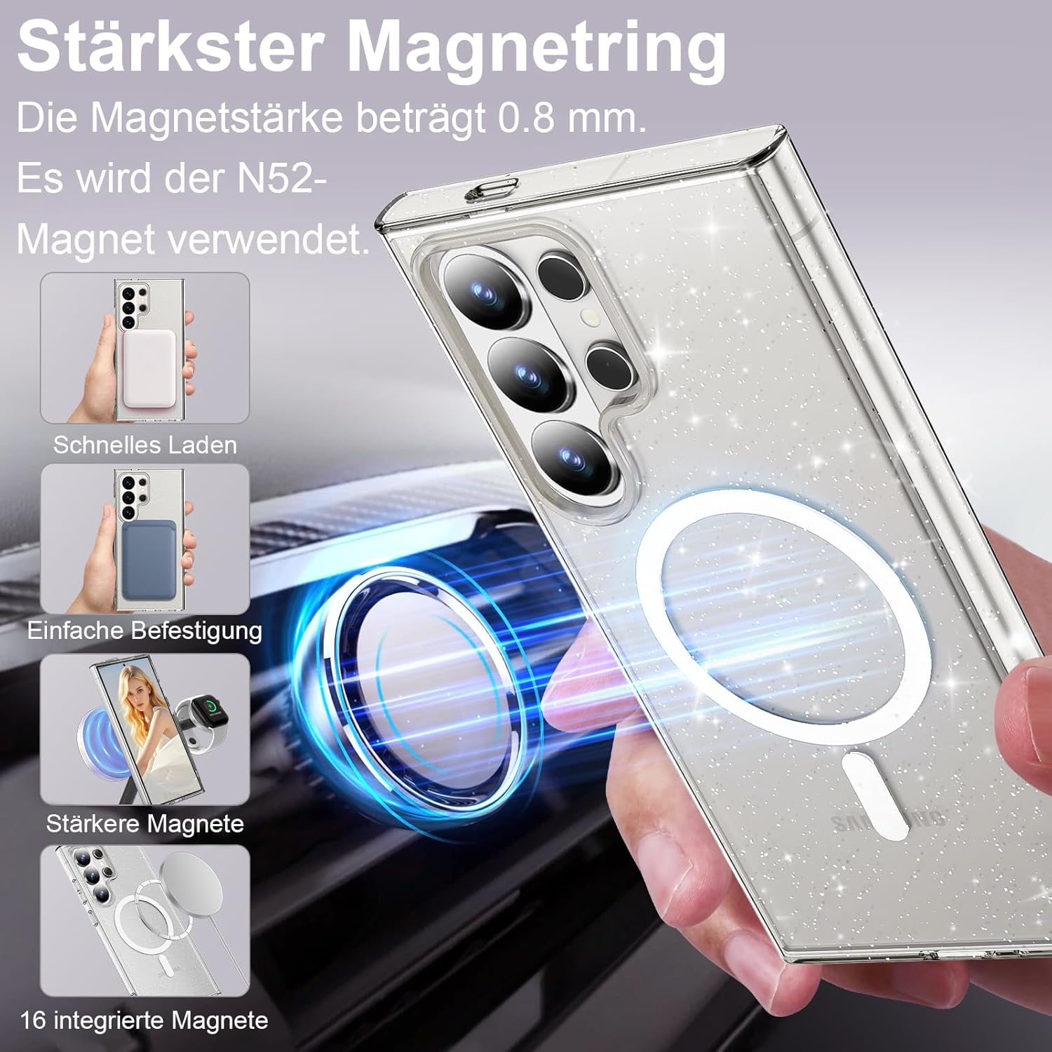 Detalle de Glitzer Hülle für Samsung Galaxy S26 Ultra – MagSafe kompatible, transparente Glitter-Schutzhülle