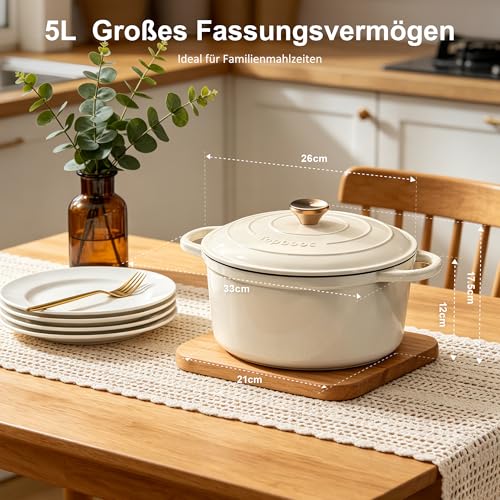 Detalle de Topbooc Gusseisen Topf Brot Backen, 26 cm, 5 L – Cremeweiß mit Deckel