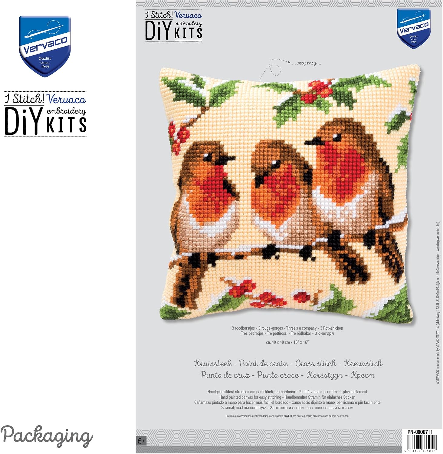 Detalle de VERVACO Trzej Przyjaciele – zestaw do haftu krzyżykowego na poduszkę 40 × 40 cm