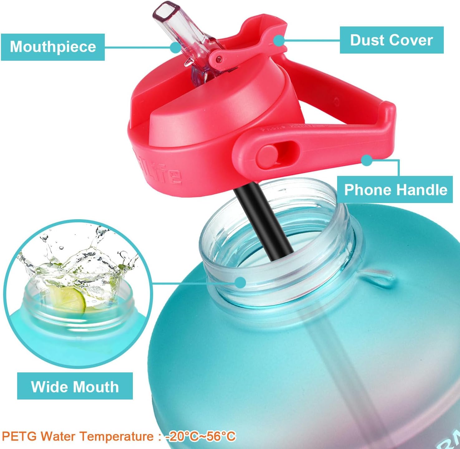 Thumbnail 1 de BuildLife 2.2L Motivational Water Bottle with Straw, Time Marker & BPA-Free (Green-Pink)