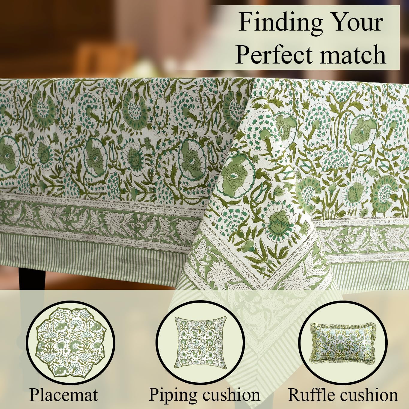 Thumbnail 6 de Cotton Print Club Indian block print rectangular tablecloth, 70 x 108 inches (agate green)