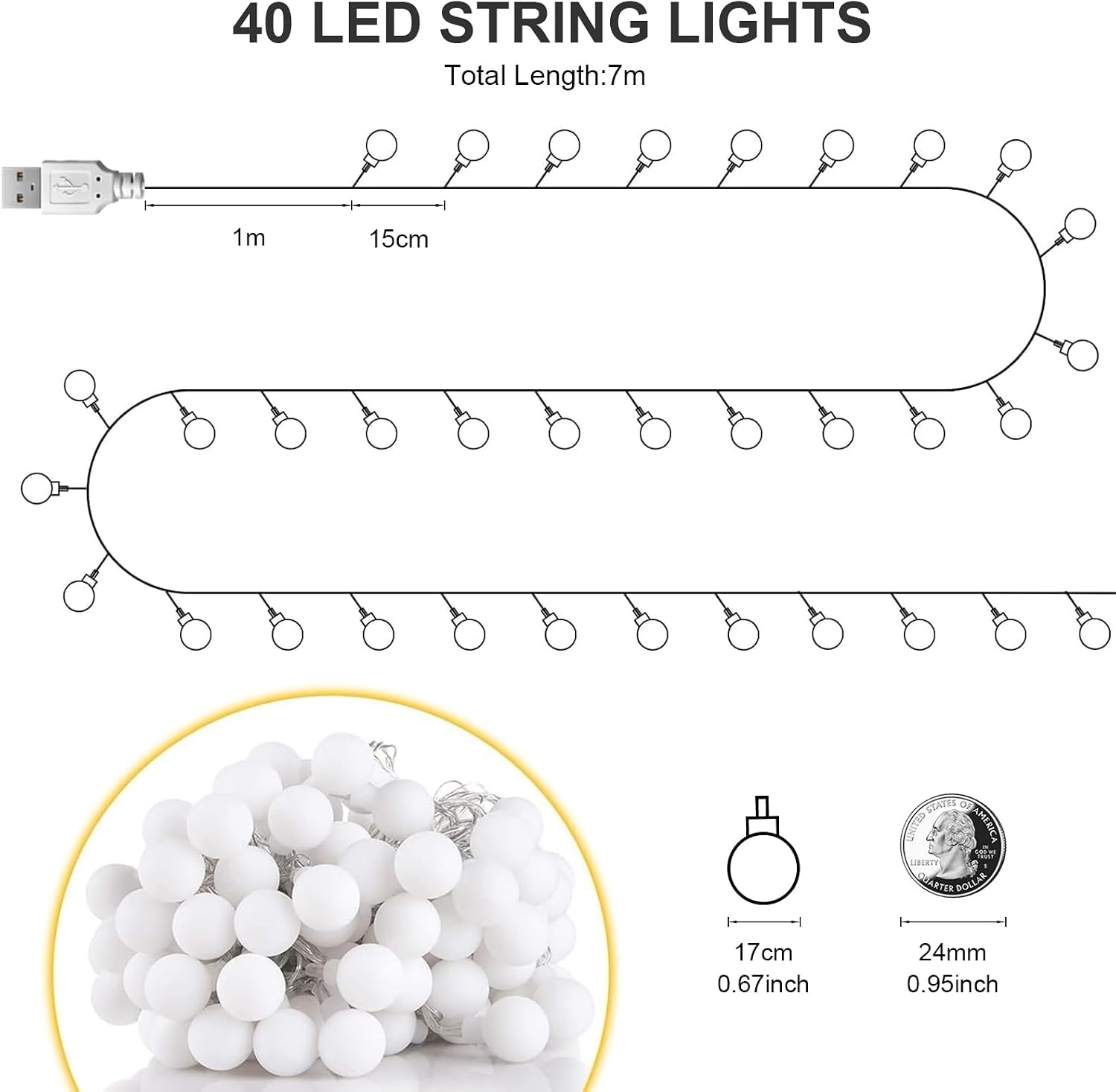 Detalle de Bigzom TZWC-5-S-I-A-T-40 USB-lichtsnoer met 40 warmwitte led-bollen