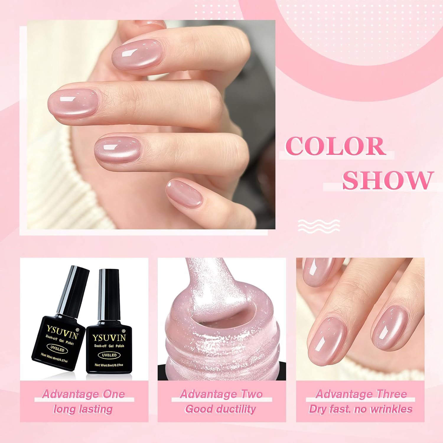 Detalle de YSUVIN UV Nagellack Cat Eye – 4 Rosé-Töne mit Magnet-Effekt, 8 ml pro Flasche