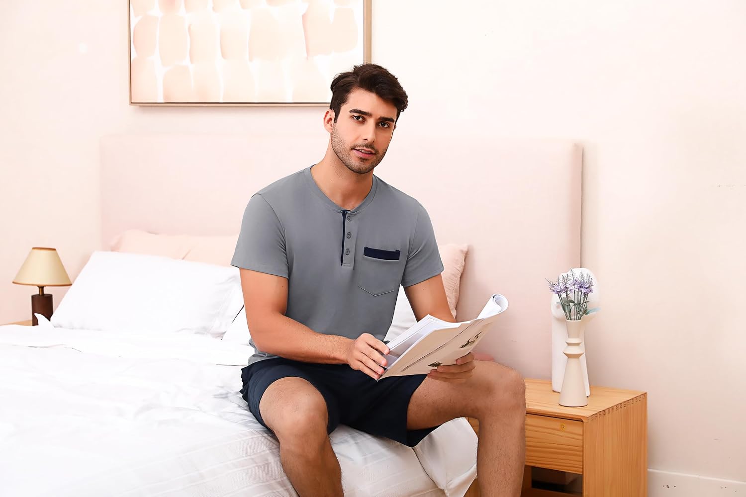 Detalle de Aseniza Herren Schlafanzug Kurz Baumwolle Pyjamaset – Sommer Shorty, O-Ausschnitt, Zweiteilig