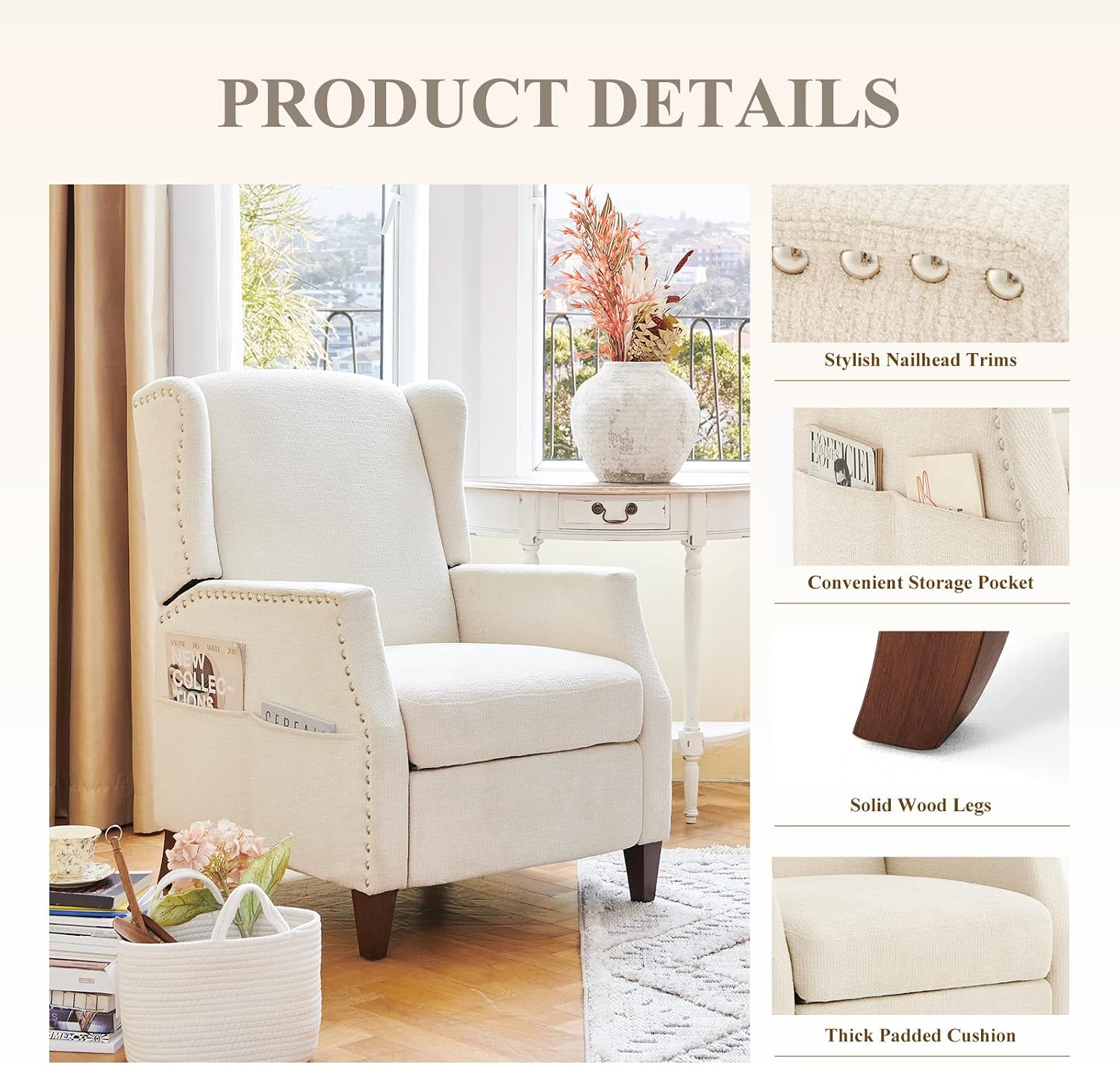 Thumbnail 6 de COLAMY W502 Wingback Pushback Recliner Chair, Beige Chenille with Side Pocket