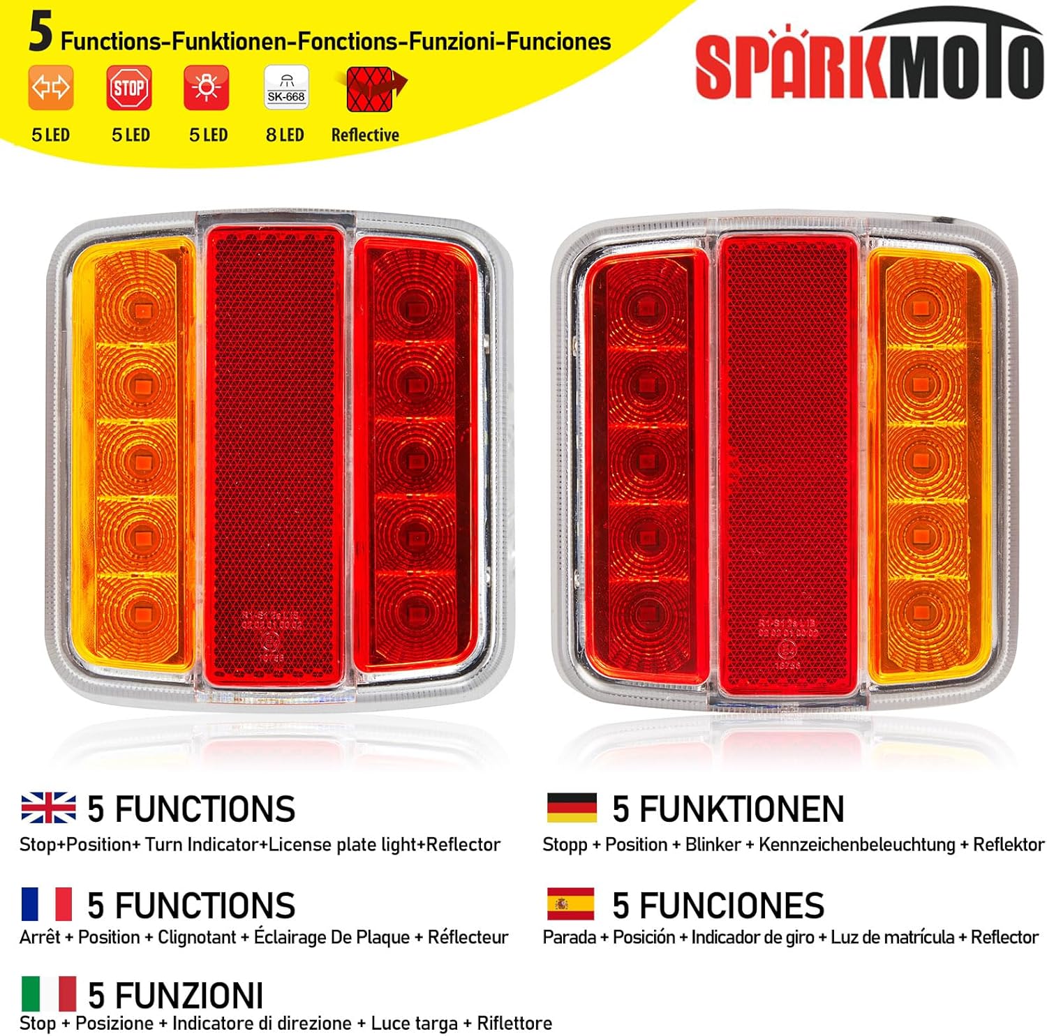 Detalle de SPARKMOTO 2-Pack 12V LED Trailer Light Cluster with IP67 Waterproofing and 5 Functions