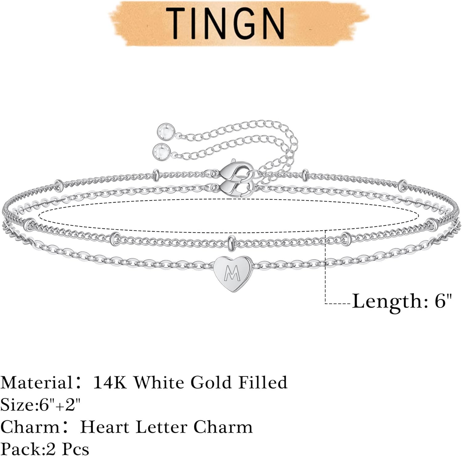 Thumbnail 4 de TINGN Bracelet cœur en argent et plaqué or blanc 14 carats avec initiales – Bracelet à breloques cœur, duo élégant