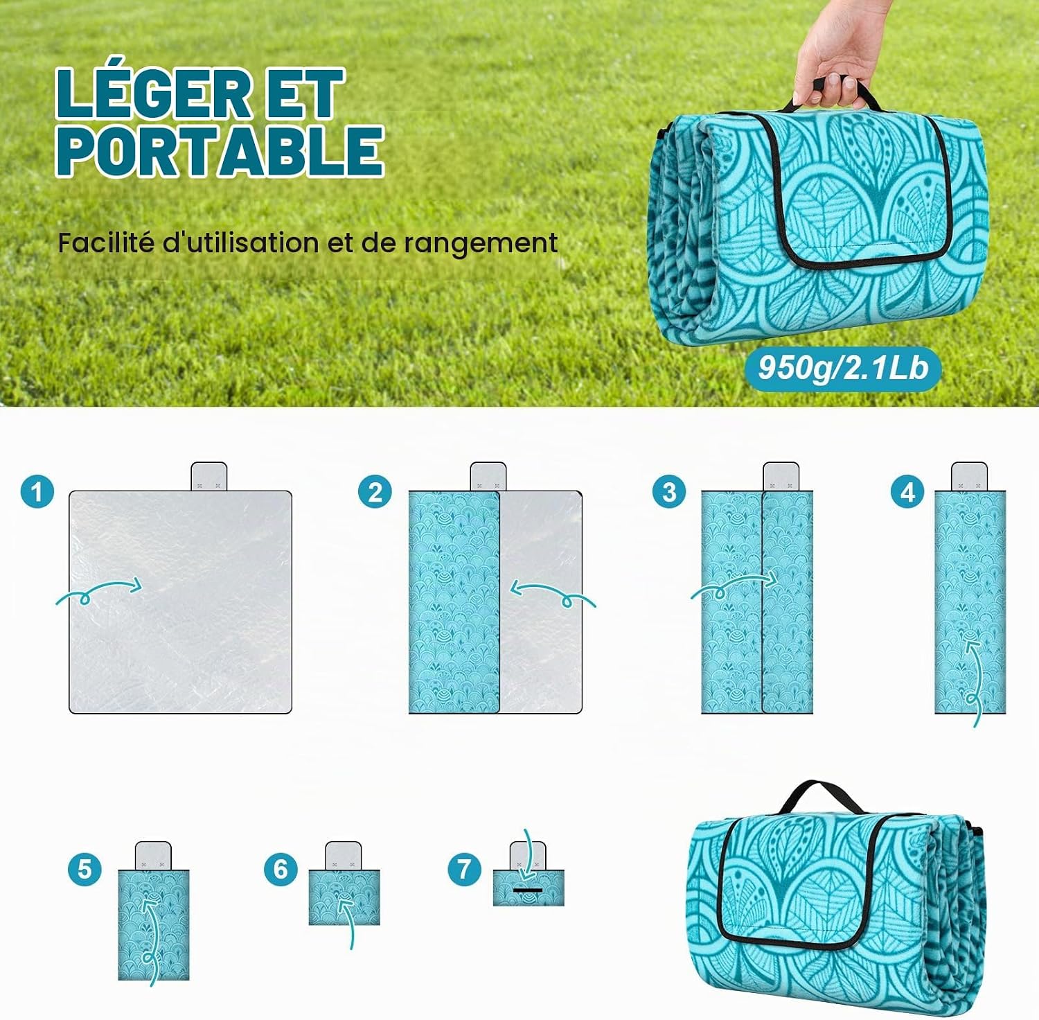 Detalle 1 de SOMLAW 004 picknick- en stranddeken 200 x 200 cm, waterdicht en opvouwbaar