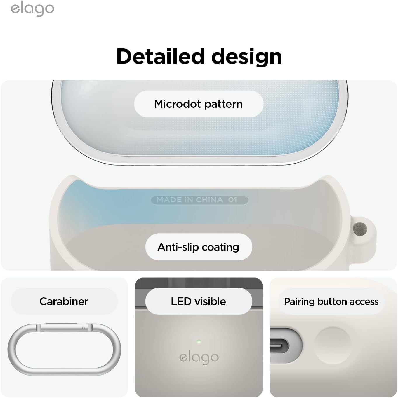 Detalle de elago Coque Duo en silicone premium + TPU pour Samsung Galaxy Buds 3 / 3 Pro / 3 FE (Stone) avec mousqueton