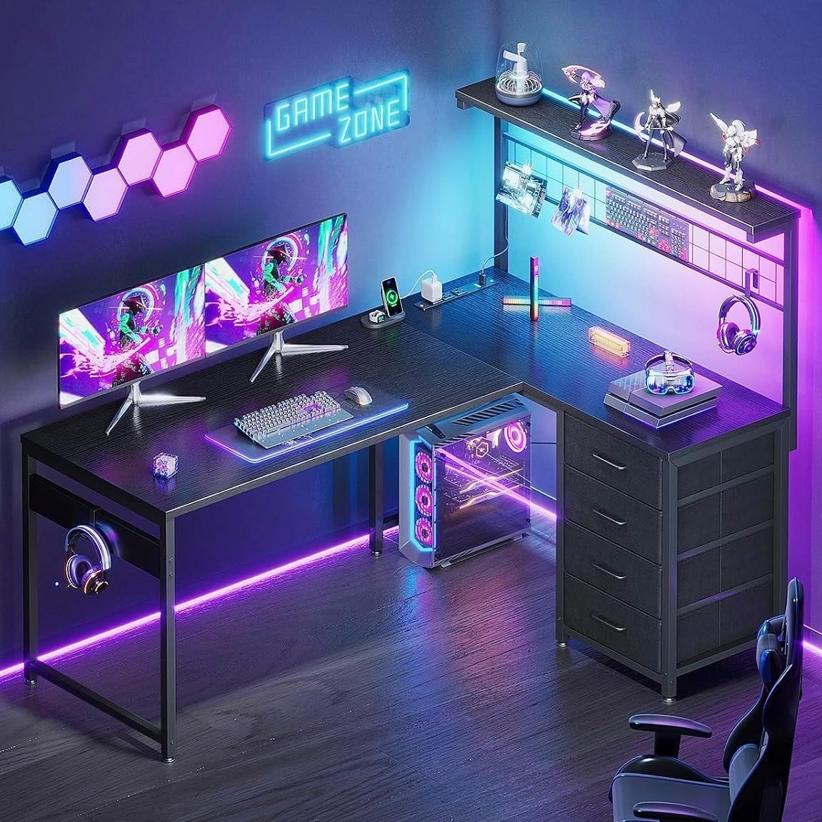 Detalle de AODK 51" L-Shaped Gaming Desk with LED Lights, 4 Drawers & USB Ports