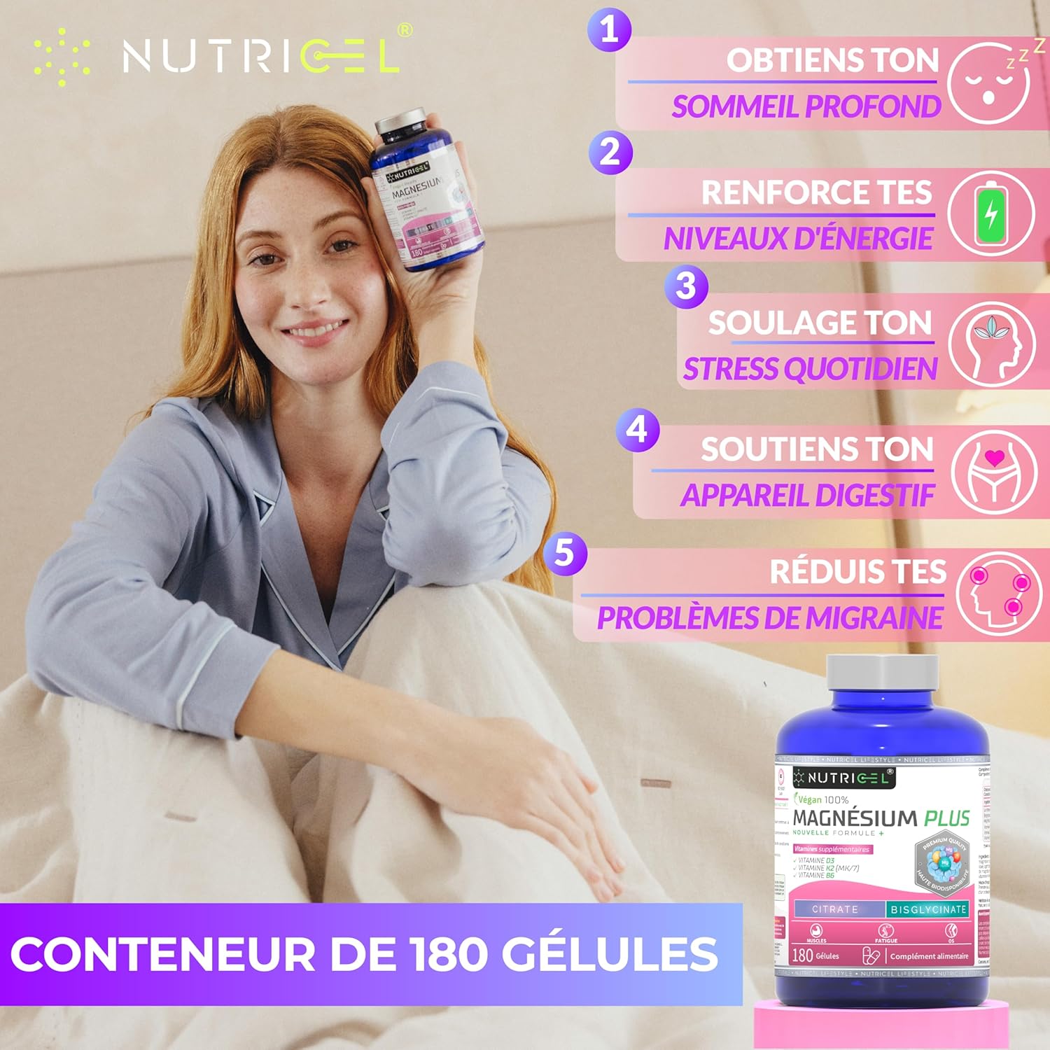 Thumbnail 4 de Magnésium bisglycinate + citrate 2177 mg avec vitamines B6, D3 et K2 – 180 gélules végétaliennes