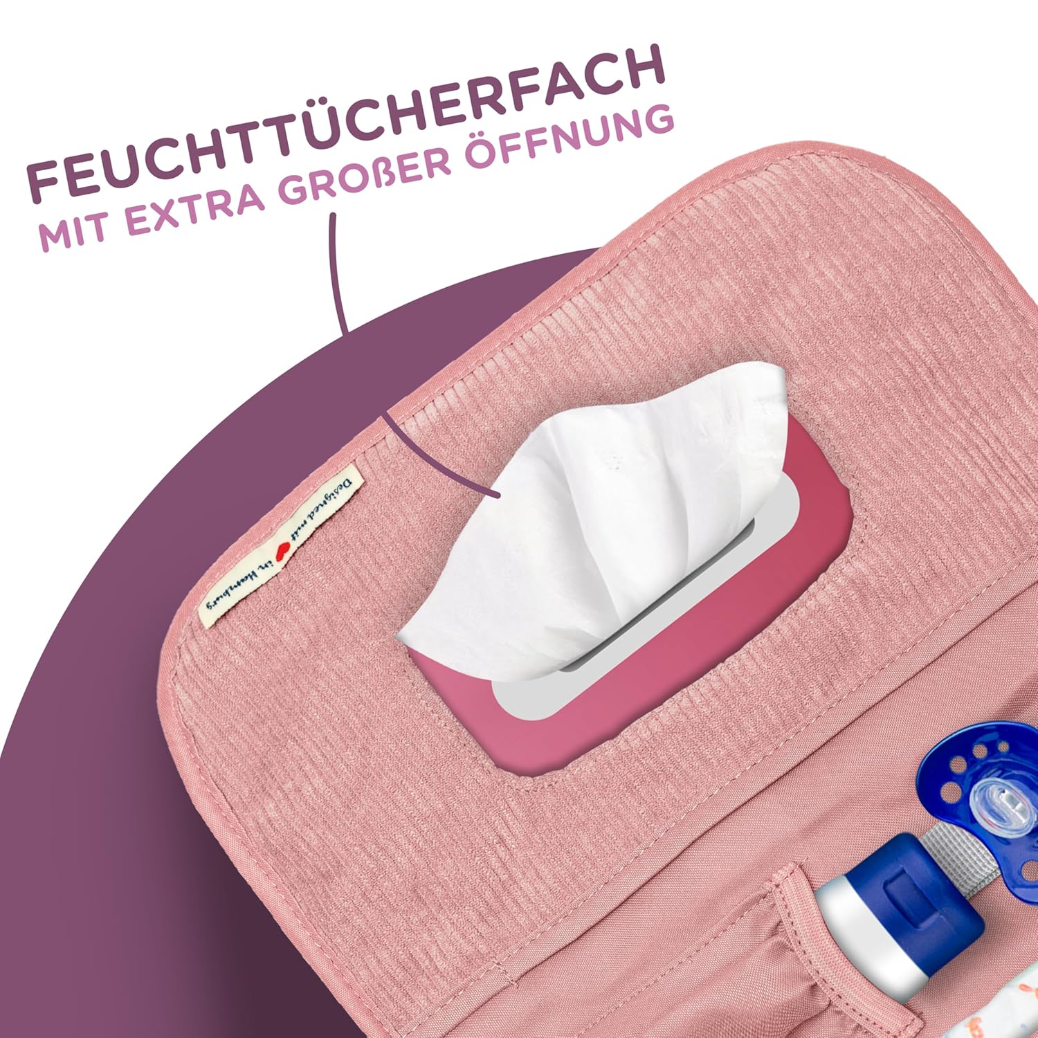 Detalle de Jubi Windeltasche mit Wickelunterlage – Kompakte Begleiterin für unterwegs in Cord Pink (Klettverschluss)