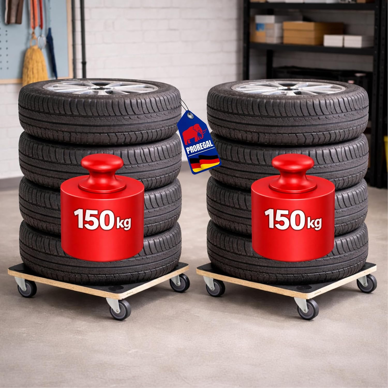 Detalle de PROREGAL 2er Set Profi Transportroller HERCULES (50 x 50 cm) bis 150 kg – Schwerlast-Rollbrett mit Griff