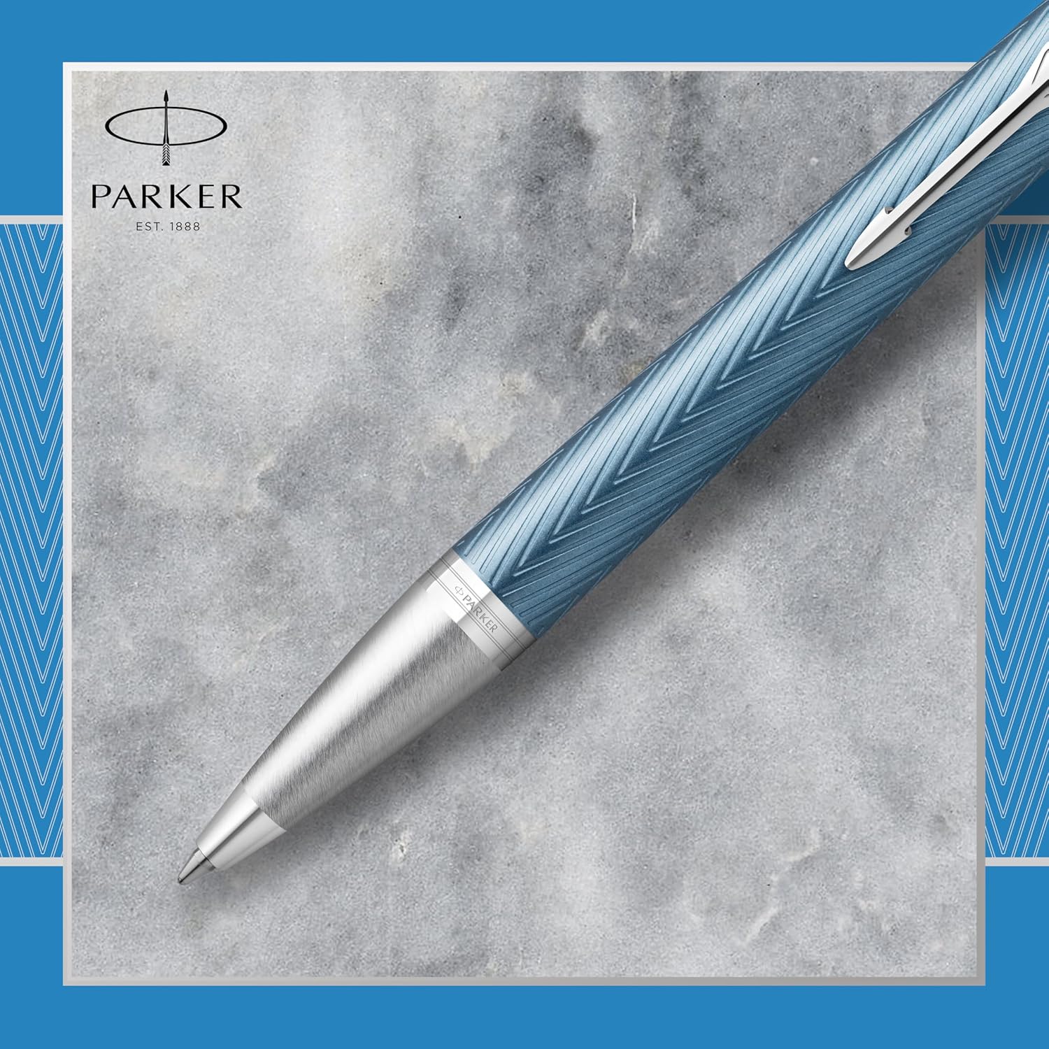 Detalle 2 de Parker IM stylo bille Bleu gris Premium à attributs chromés, pointe moyenne et encre bleue (coffret cadeau)