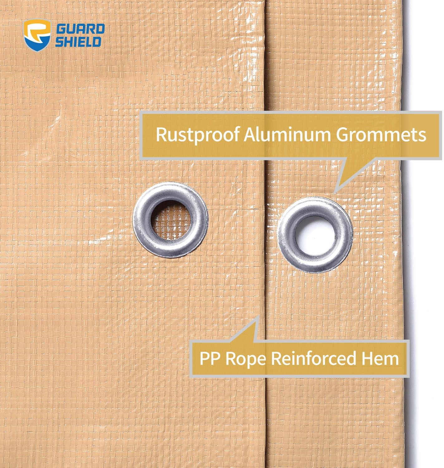 Detalle de GUARD SHIELD Beige Tarps Heavy Duty Plus+ 20x30 ft — 12mil Double-Sided Tarp with Reinforced Grommets