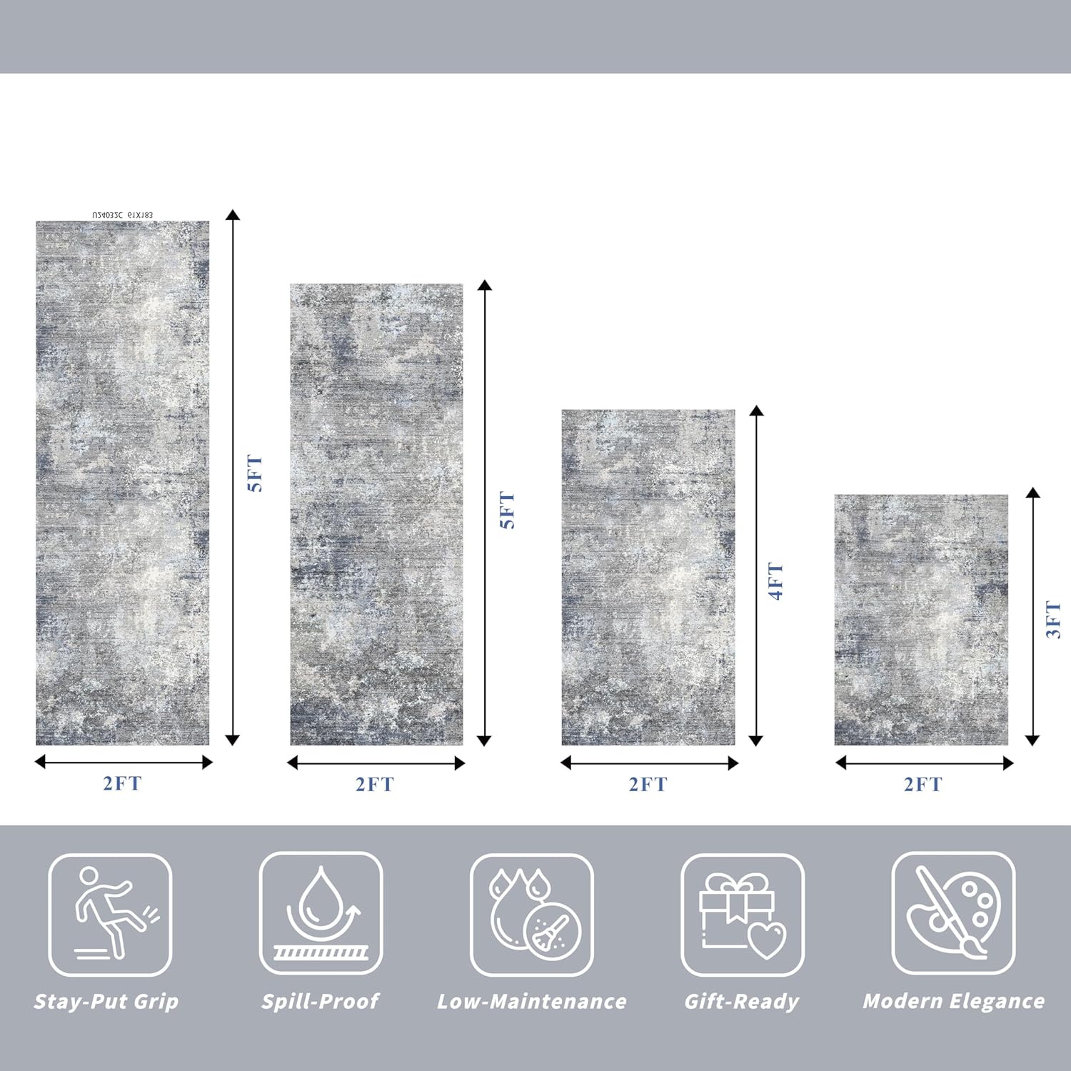 Thumbnail 1 de Kitchen Rug Set 4-Piece with Runner (Washable, Non-Slip) — Blue Grey Modern Abstract Neutral Mats