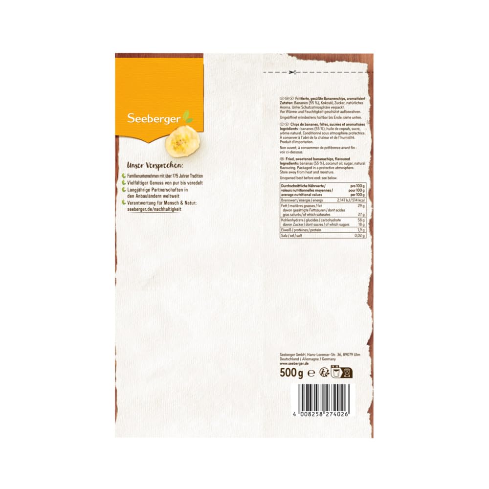 Detalle 2 de Seeberger Bananenchips 5er Pack – knusprige Bananenscheiben in Kokosöl, vegan (5 x 500 g)