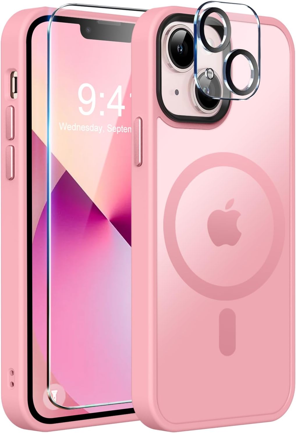 Detalle de MOCCA Strong Magnetic iPhone 13 Case (6.1") with MagSafe Support + Screen & Camera Lens Protectors, Pink (Translucent Matte Slim)