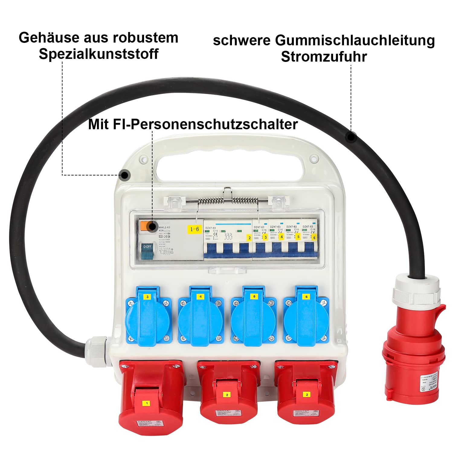 Detalle de Fiqops Baustromverteiler 32A – Wandverteiler mit FI/LS-Schutz, 4x230V, 2xCEE 16A, 1xCEE 32A, IP44