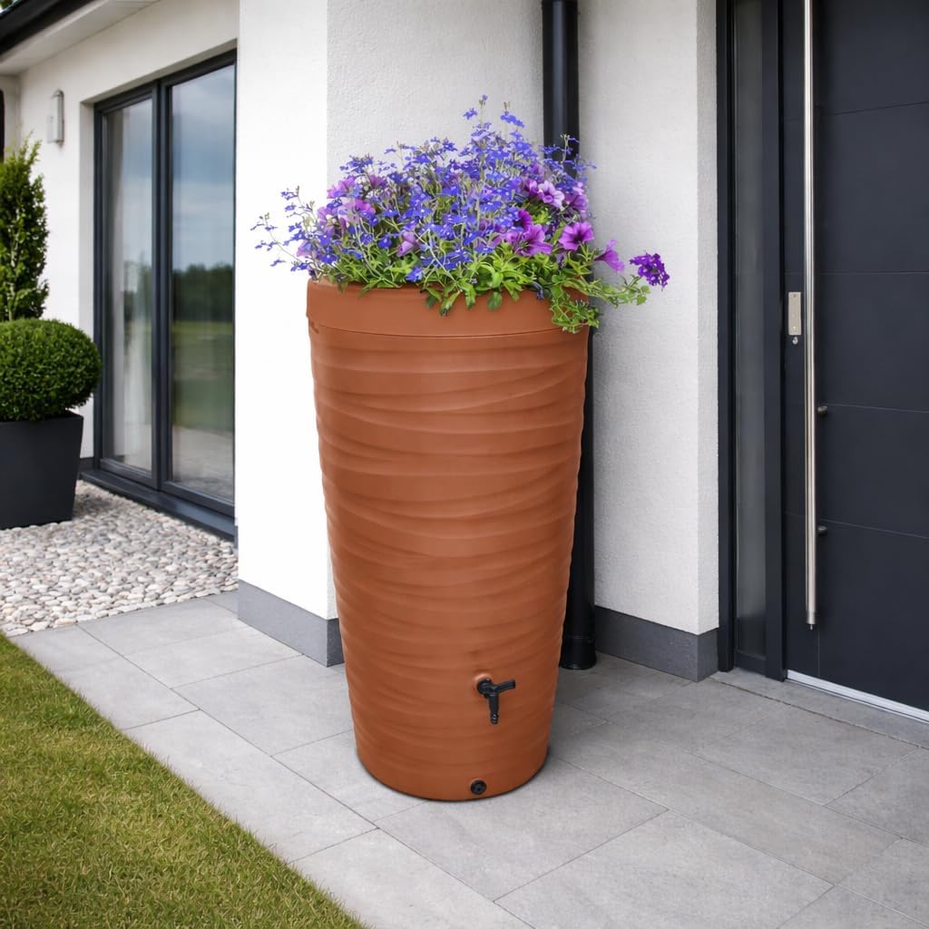 Detalle de YourCasa Regentonne 240 Liter im Wave Design – frostfeste Regenwassertonne mit Wasserhahn und 3/4“-Anschluss