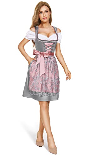 Detalle 2 de Dirndl Damen Midi Trachtenkleid Lang Dirndlkleid Trachtenrock 3 Teilig – AMZHOTER