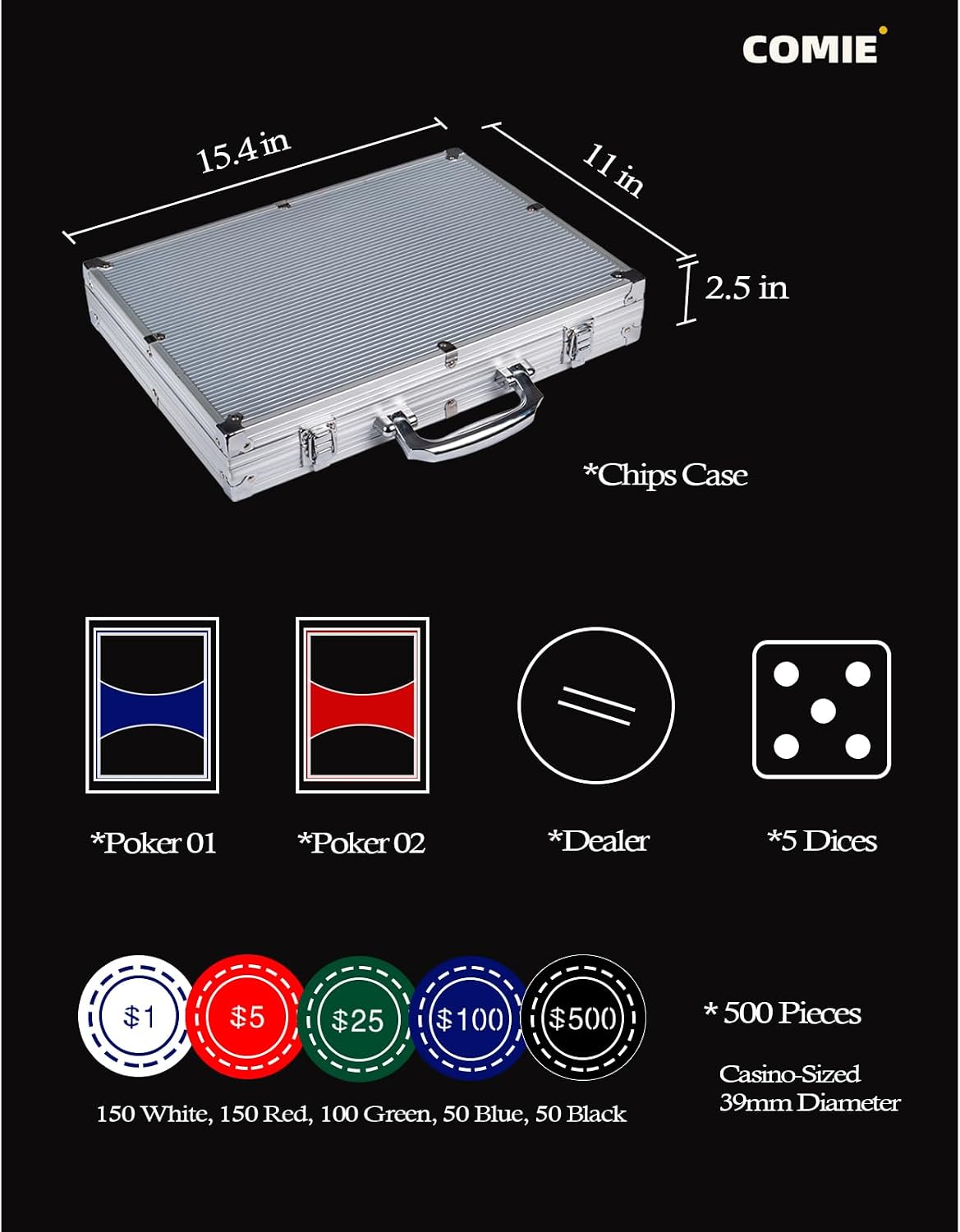 Detalle de Comie 500-Piece Poker Chip Set with Aluminum Travel Case (11.5g Chips)