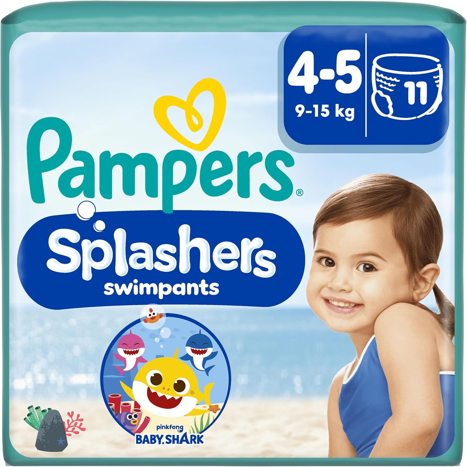 Detalle de Pampers Splashers Taille 4-5 – 11 Couches-Culottes de Bain Jetables 9-15 kg, Baby Shark (Édition Limitée)