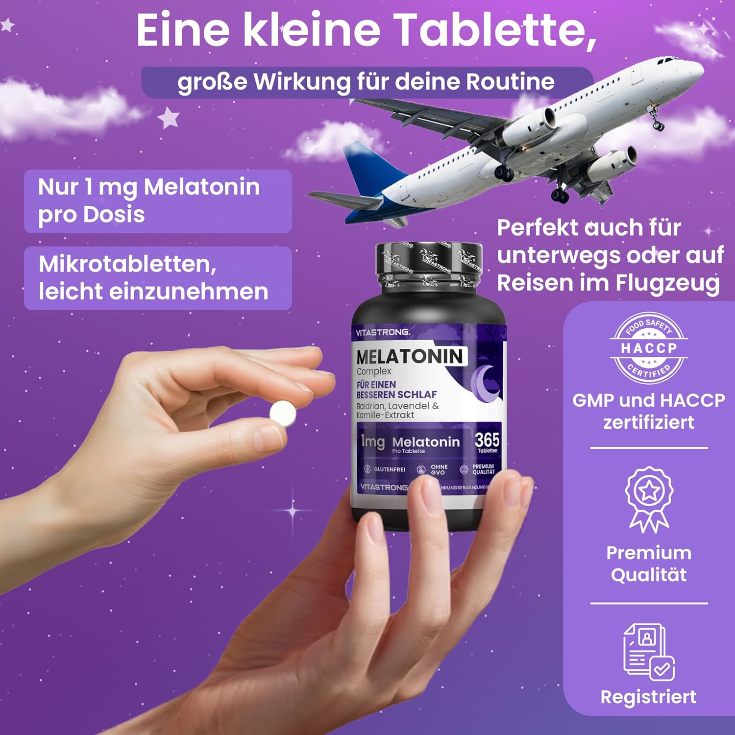 Detalle de Vitastrong Melatonin Komplex 365 Mikro-Tabletten – Hochdosiertes Schlafhilfe mit Kamille, Baldrian, Lavendel & Vitamin B6