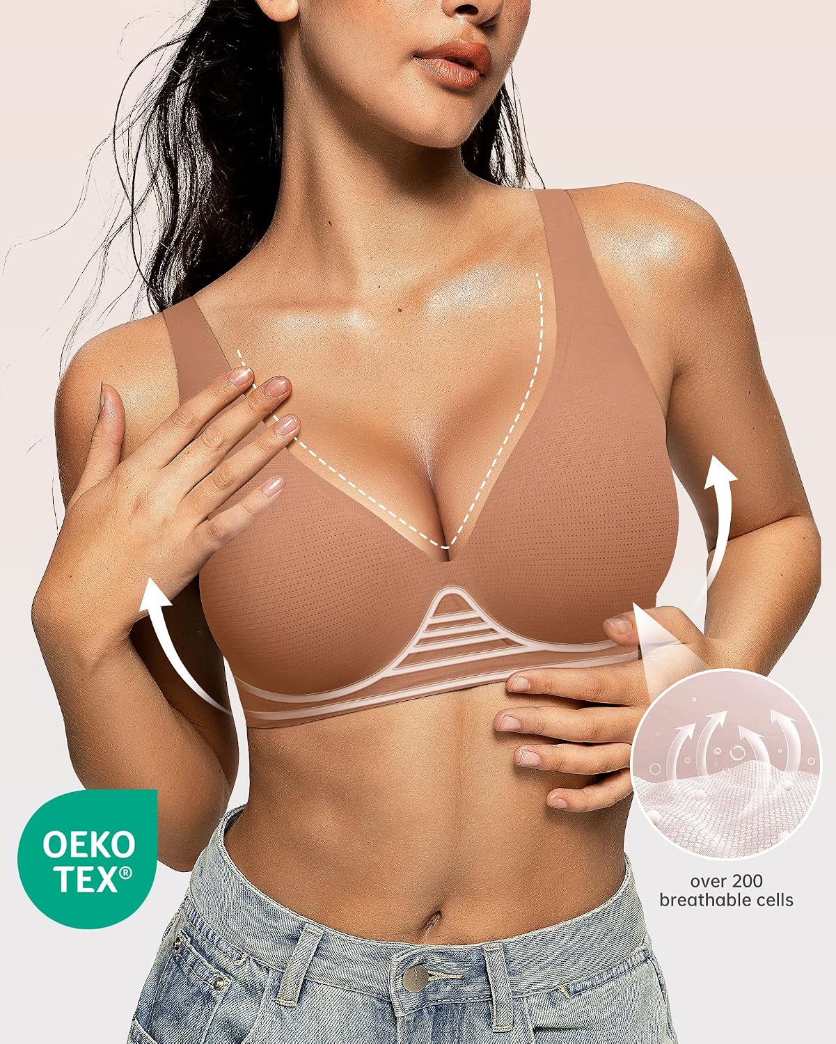 Detalle de OEAK Deep V Wireless Bra for Women — Comfortable, Seamless, Padded, No-Wire