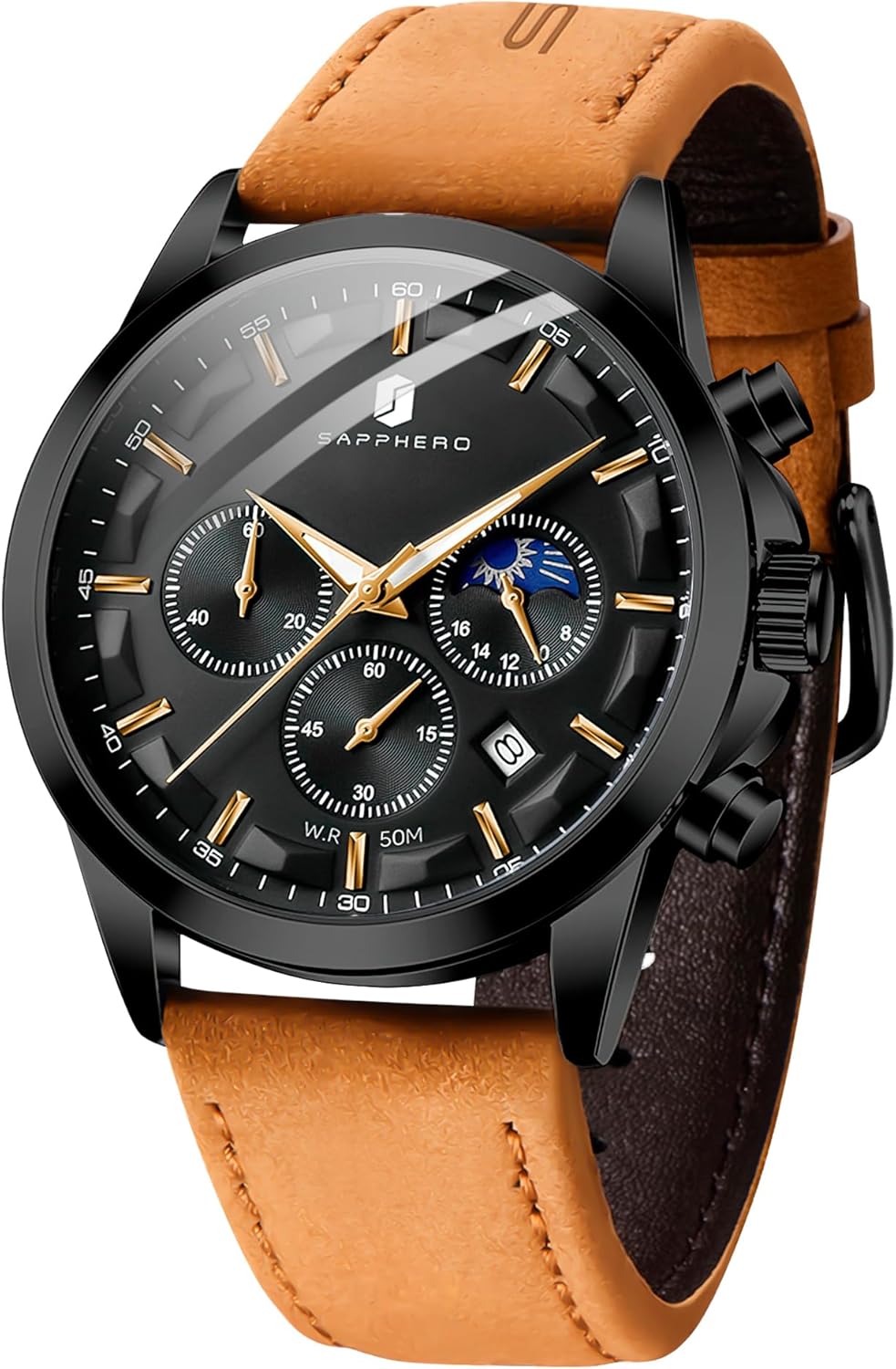 Detalle de BENYAR BY Herrenuhr – Chronograph, Lederarmband, Wasserdicht 30 m, QUARZ, 46 mm