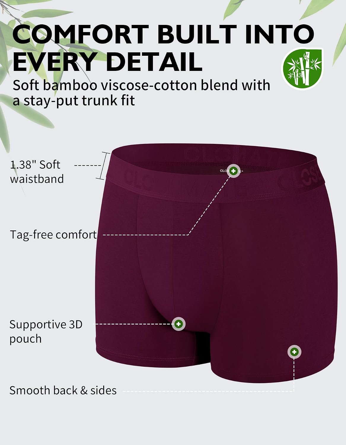 Detalle de CLOSEMATE Mens Trunk Underwear, 3-Pack Bamboo Viscose Blend, 3-Inch Leg