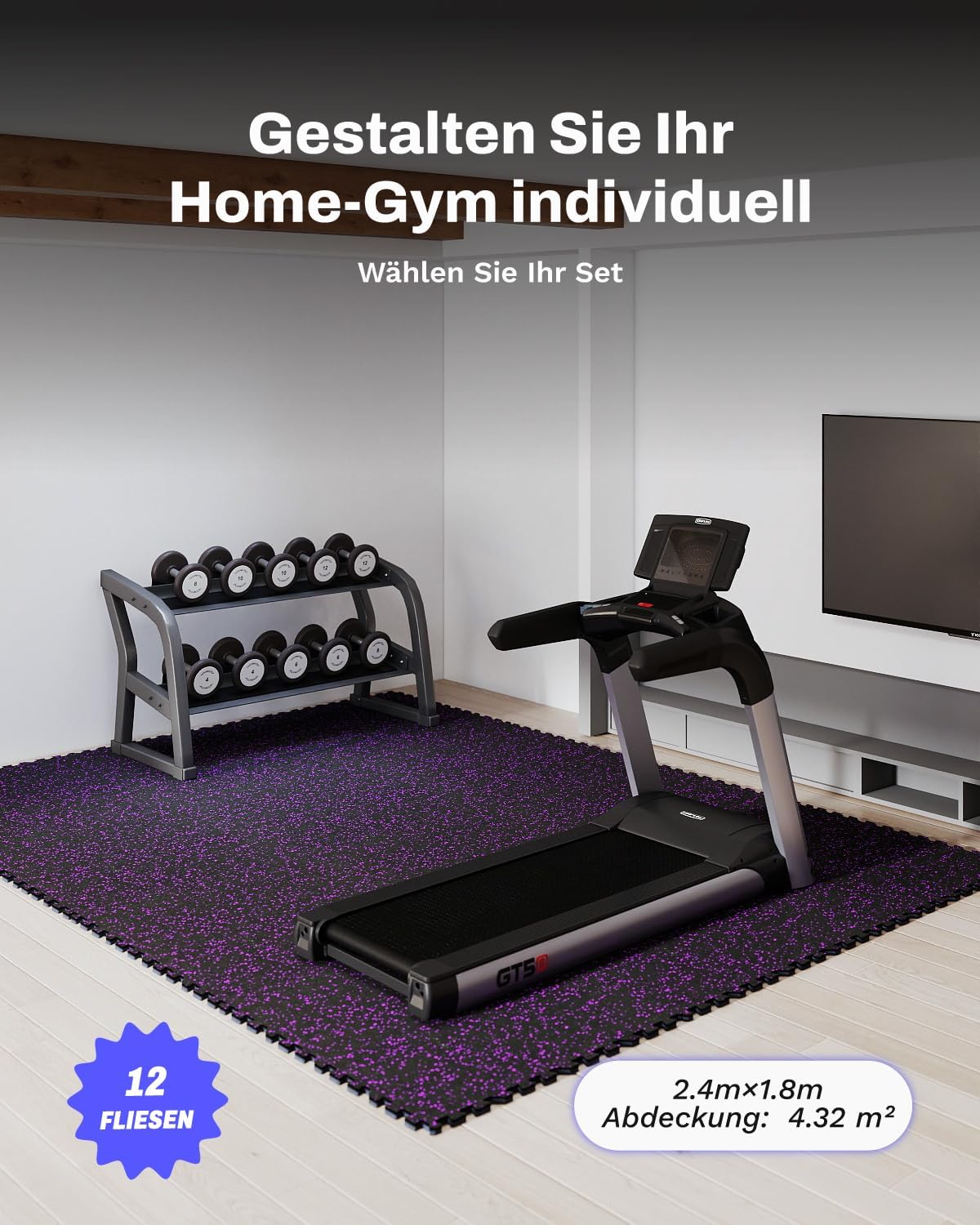 Detalle 2 de AIRHOP 12 Matten Puzzle 60×60×1,4 cm – robuste, gummierte Fitness-Bodenschutzmatte in Schwarz & Lila